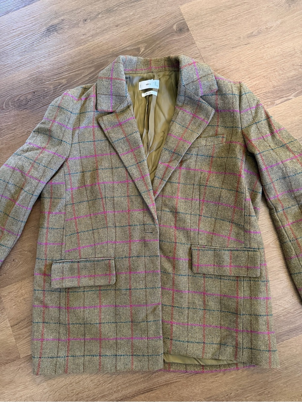 Tailored Tan Plaid Blazer with Pink Windowpane